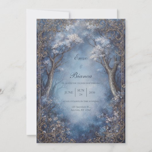 Misty Blue Enchanted Forest Gold Filigree Wedding Kaart (Voorkant)