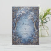 Misty Blue Enchanted Forest Gold Filigree Wedding Kaart (Staand voorkant)
