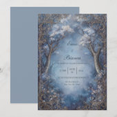 Misty Blue Enchanted Forest Gold Filigree Wedding Kaart (Voorkant / Achterkant)