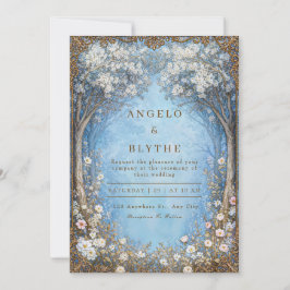 Misty Blue Enchanted Forest Gold Frame Wedding Kaart