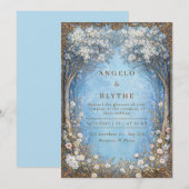 Misty Blue Enchanted Forest Gold Frame Wedding Kaart (Voorkant / Achterkant)