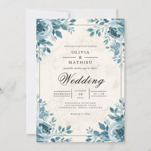 Misty Blue Floral Corner Accent Wedding Kaart (Voorkant)