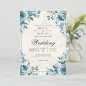 Misty Blue Floral Corner Accent Wedding Kaart (Staand voorkant)