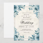 Misty Blue Floral Corner Accent Wedding Kaart (Voorkant / Achterkant)
