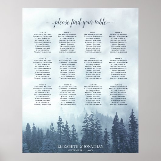 Misty Blue Forest 12 Table Wedding Seating Chart Poster (Voorkant)