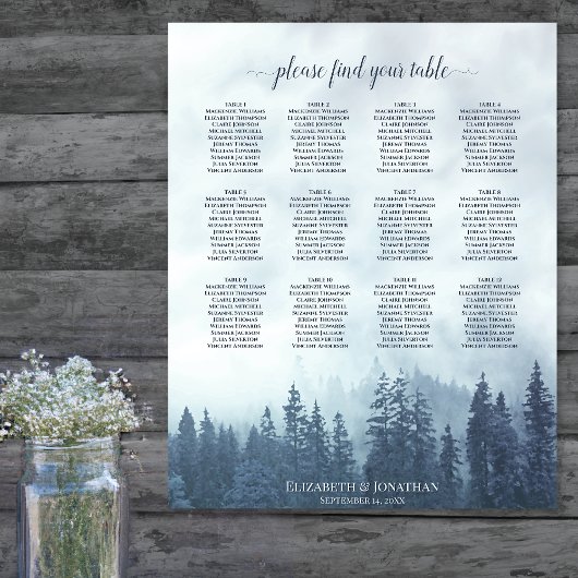 Misty Blue Forest 12 Table Wedding Seating Chart Poster