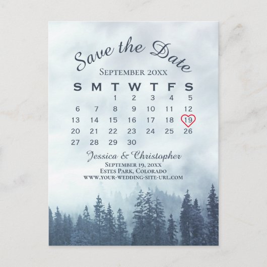 Misty Blue Forest Wedding Save the Date Calendar Aankondigingskaart (Voorkant)
