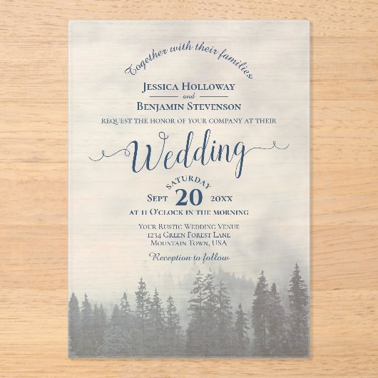 Misty Blue Mountain Pines Calligraphy Wedding Acryl Uitnodigingen (Voorkant)
