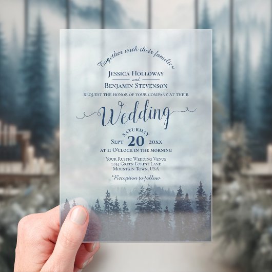 Misty Blue Mountain Pines Calligraphy Wedding Acryl Uitnodigingen