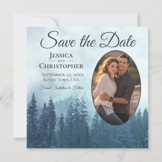 Misty Blue Mountains Rustic Oval Photo Weddenschap Save The Date (Voorkant)