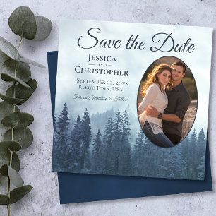 Misty Blue Mountains Rustic Oval Photo Weddenschap Save The Date