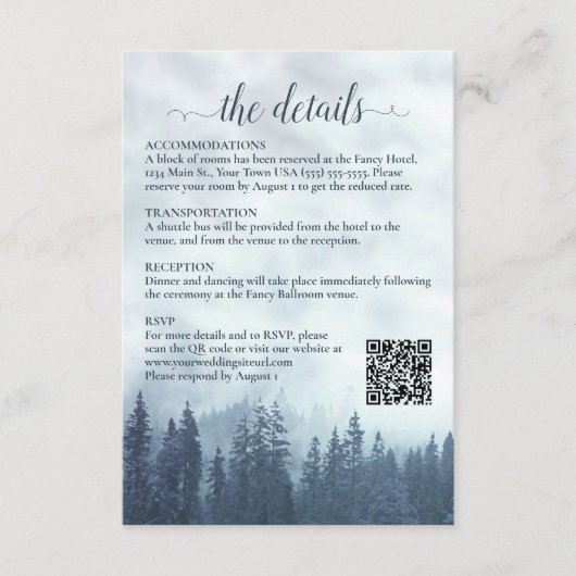 Misty Blue Pine Bomen Bruiloft Details QR Code Informatiekaartje (Voorkant)