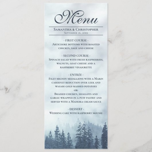 Misty Blue Pine Trees Rustic Elegance Wedding Menu (Voorkant)