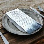 Misty Blue Pine Trees Rustic Elegance Wedding Menu<br><div class="desc">Dit trouwmenu is eenvoudig,  bijtend en elegant. Het is voorzien van een fancy scriptkalligrafie-titel met een bosgrond met een blauwe sparren met een blauwe achtergrond die in mist of mist zijn gehuld. De achterkant is een diep gemarmerde bosgroene kleur. Ideaal voor een buitenreceptie.</div>
