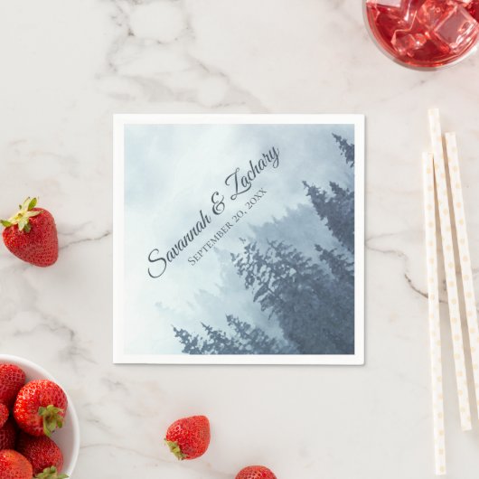 Misty Blue Pine Trees Rustic Waterverf Wedding Servet (Insitu)