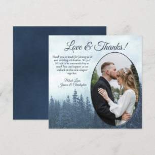 Misty Blue Pine Trees Rustic Wedding Oval Foto Bedankkaart