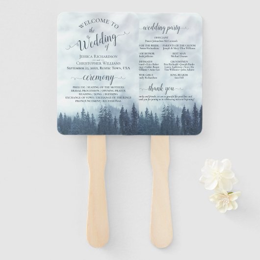 Misty Blue Pine Trees Rustic Wedding Programme Handwaaier (Voorkant en achterkant)