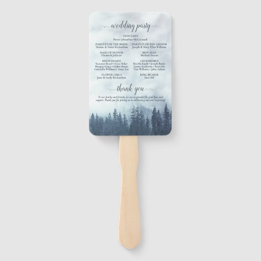 Misty Blue Pine Trees Rustic Wedding Programme Handwaaier (Achterkant)
