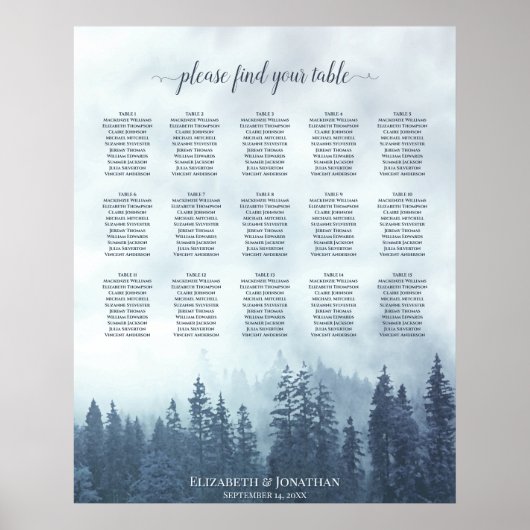 Misty Blue Pines 15 Table Wedding Seating Chart Poster (Voorkant)