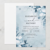 Misty Blue Waterverf Floral Wedding Kaart (Voorkant / Achterkant)