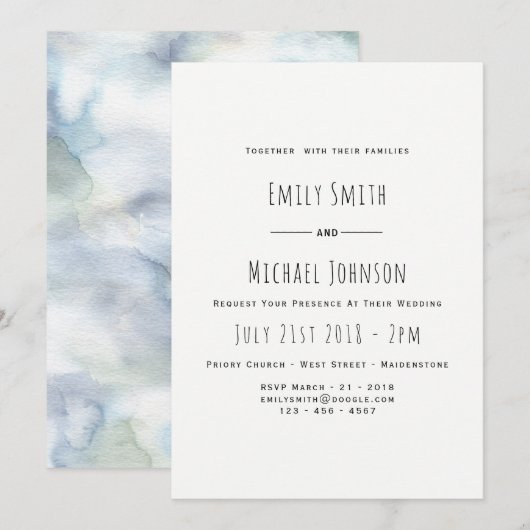 Misty Blue Waterverf Wedding Invitation Elegant Kaart (Voorkant / Achterkant)
