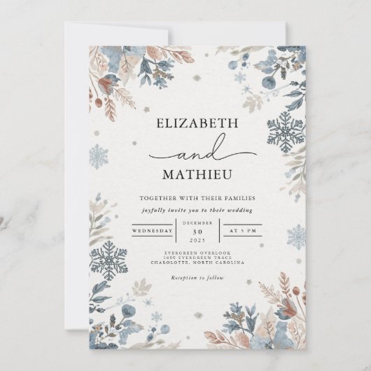 Misty Blue Winter Floral Wedding Kaart (Voorkant)