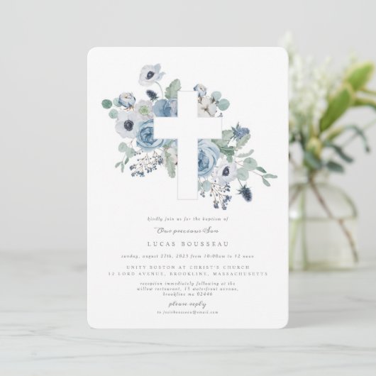 Misty Blues Cross Doop Uitnodiging doop (Staand voorkant)