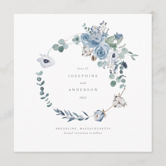 Misty Blues Wreath Save The Date Menu (Voorkant)