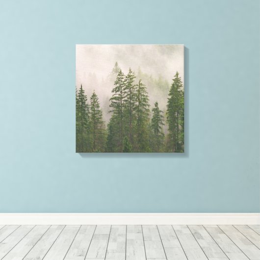Misty Foggy Forest Bomen Canvas Afdruk (Insitu (Houten vloer))