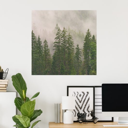 Misty Foggy Forest Bomen Poster (Thuiskantoor)