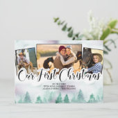 Misty Forest 3 Foto Hand Lettert Eerste Kerstmis Feestdagenkaart (Staand voorkant)