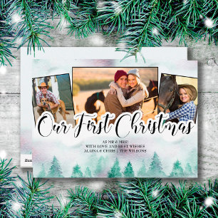 Misty Forest 3 Foto Hand Lettert Eerste Kerstmis Feestdagenkaart