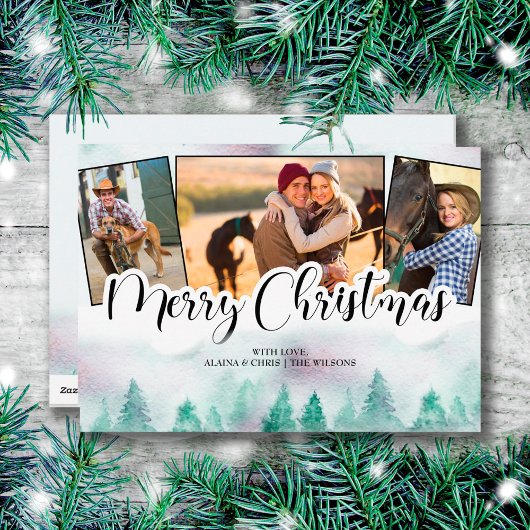 Misty Forest 3 Photo Hand Lettered Merry Kerstmis Feestdagenkaart