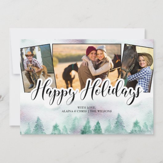 Misty Forest 3 Photo Hand Lettered Prettige feestd Feestdagenkaart (Voorkant)