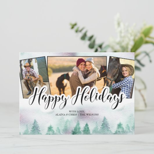 Misty Forest 3 Photo Hand Lettered Prettige feestd Feestdagenkaart (Staand voorkant)