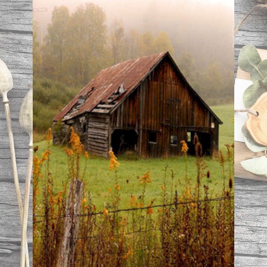 Misty Forest and Flowers Surround a Weathered Barn Tissuepapier