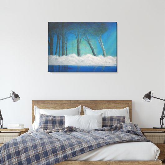 Misty Forest Blue River Reflections Canvas Afdruk (Insitu (Slaapkamer))