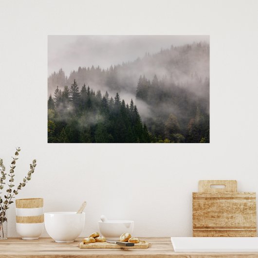 Misty Forest in de bergen Poster (Keuken)
