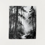 Misty Forest Path Tapestry | Sunlight Through Pine Wandkleed (Voorkant)