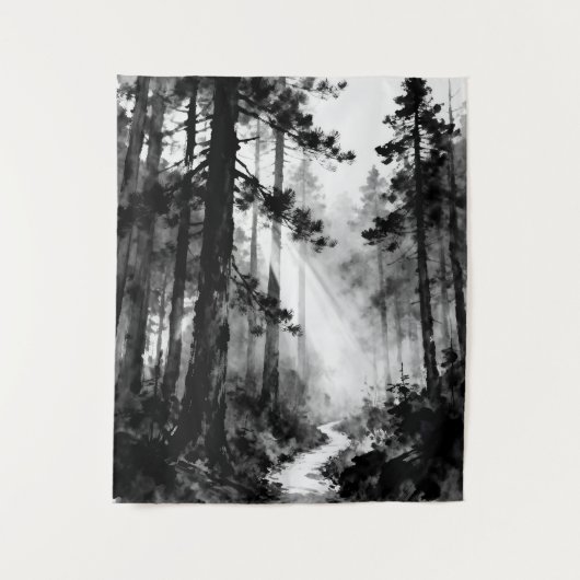 Misty Forest Path Tapestry | Sunlight Through Pine Wandkleed (Voorkant)
