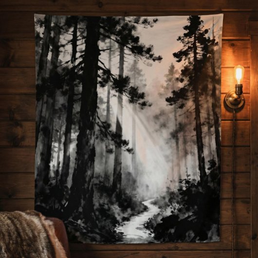Misty Forest Path Tapestry | Sunlight Through Pine Wandkleed
