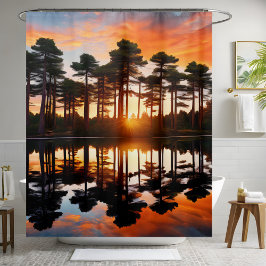 Misty Forest Sunset Pine Trees Woodland Wilderness Douchegordijn