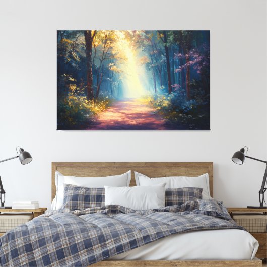Misty Forest Trail als de dageraad breekt Canvas Afdruk (Insitu (Slaapkamer))