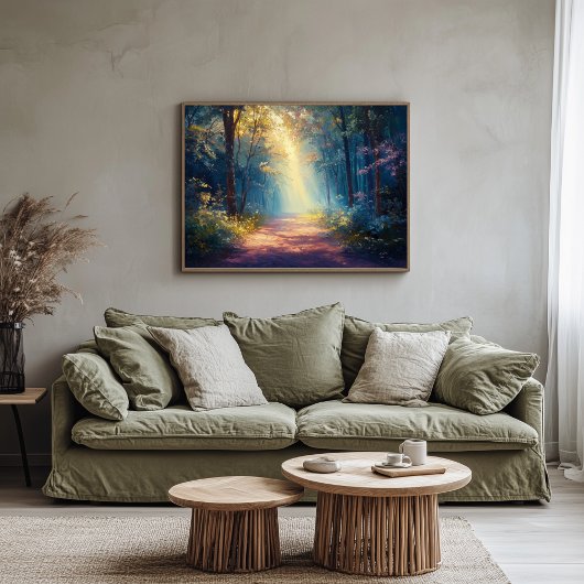 Misty Forest Trail als de dageraad breekt Canvas Afdruk