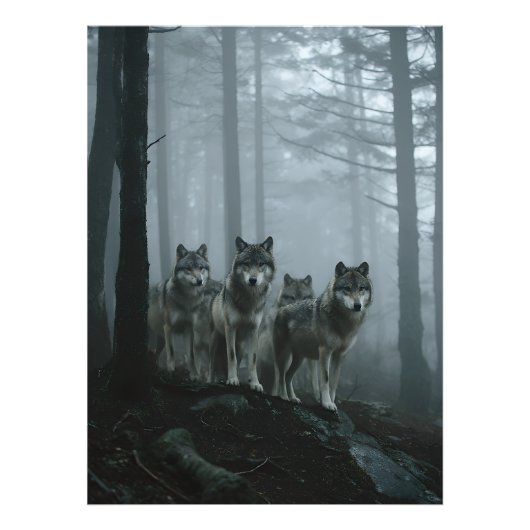 Misty Forest Wolf Pack Foto Afdruk (Voorkant)