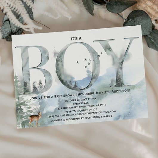 Misty Forest Woodland Country Deer Boy Baby shower Kaart