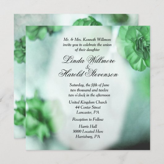 Misty Green Floral Wedding Invitations Kaart (Voorkant / Achterkant)