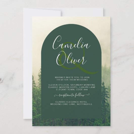 Misty Green Forest Pine Trees Wedding Kaart (Voorkant)