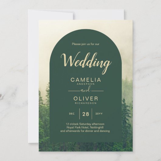 Misty Green Forest Pine Trees Wedding Kaart (Voorkant)