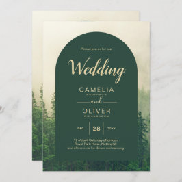 Misty Green Forest Pine Trees Wedding Kaart